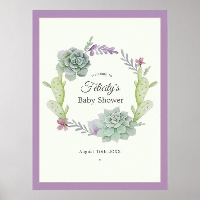 Watercolor Succulents Baby Shower Welcome Poster (Front)
