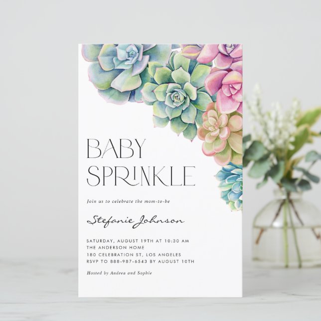 Watercolor Succulents Baby Sprinkle Invitation (Standing Front)
