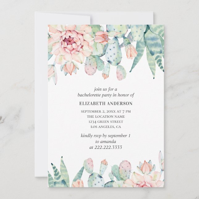 Watercolor succulents bachelorette party. Cactus Invitation (Front)