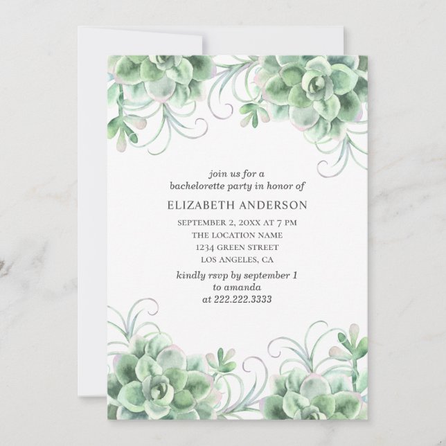 Watercolor succulents bachelorette party. Cactus Invitation (Front)