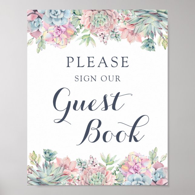 Watercolor Succulents Blush Elegant Guest Book (Front)