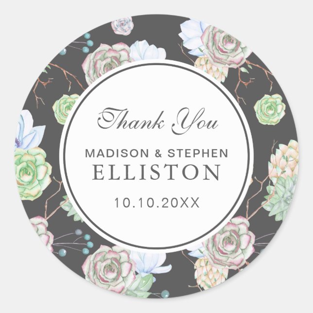 Watercolor | Succulents & Branches | Thank You Classic Round Sticker (Front)