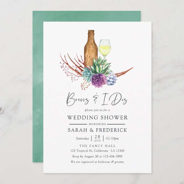 Watercolor Succulents Brews Before The I Dos Invitation (Front/Back)