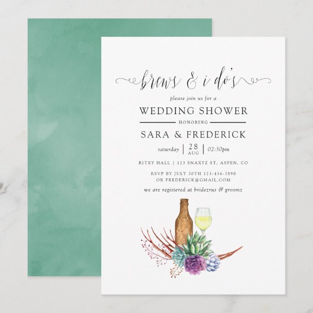 Watercolor Succulents Brews Before The I Do's Invitation (Front/Back)