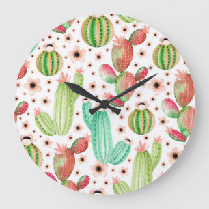 Watercolor succulents, cacti seamless pattern. large clock