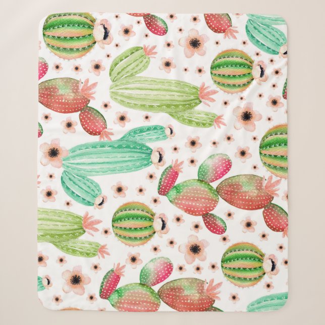 Watercolor succulents, cacti seamless pattern. sherpa blanket (Front)