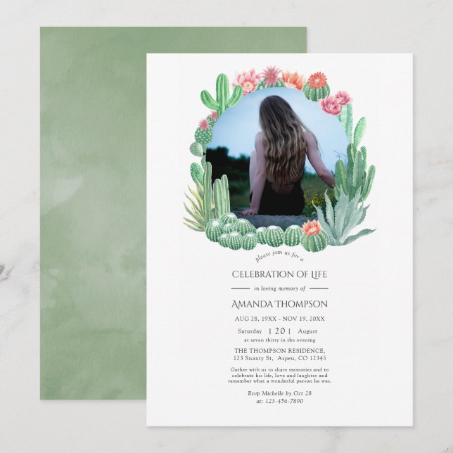 Watercolor Succulents Celebration of Life Photo Invitation (Front/Back)