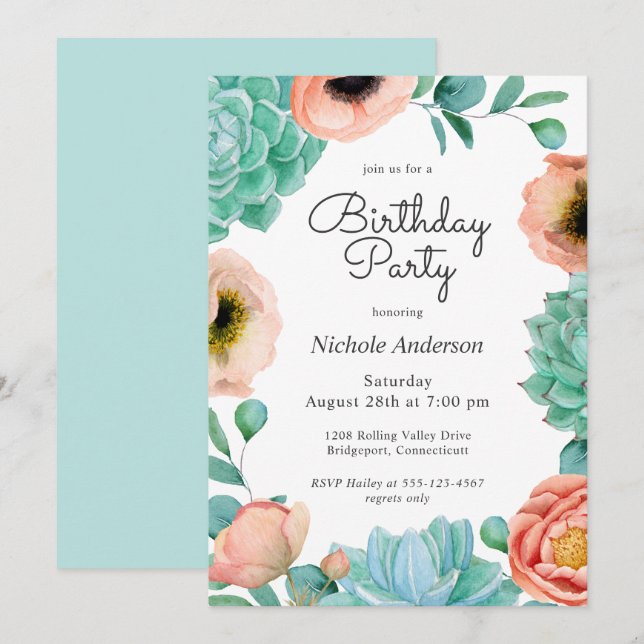 Watercolor Succulents Floral Birthday Party Invitation (Front/Back)