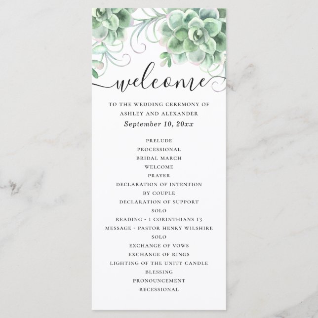 Watercolor succulents. Floral cactus wedding Program (Front)
