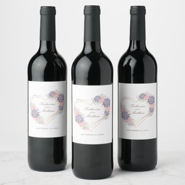 Watercolor Succulents Geometric Heart Wedding Wine Label (Bottles)
