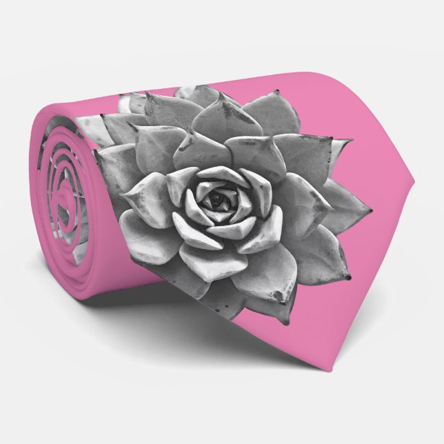 Watercolor Succulents Grey on Pink Tie (Rolled)