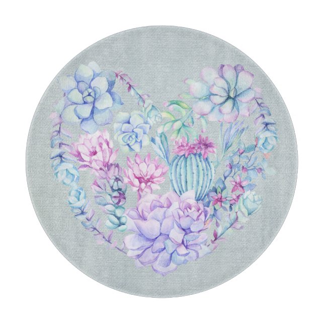 Watercolor Succulents Heart Cutting Board (Front)