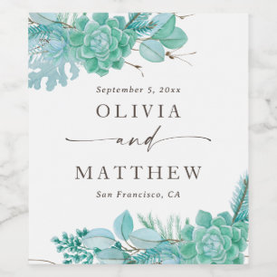 Watercolor succulents. Mint winter floral wedding Wine Label