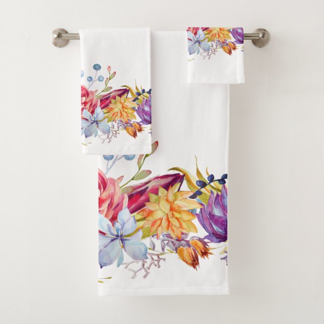Watercolor Succulents On White   Bath Towel Set (Insitu)