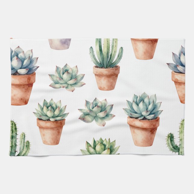 Watercolor Succulents Pattern Kitchen Towel (Horizontal)