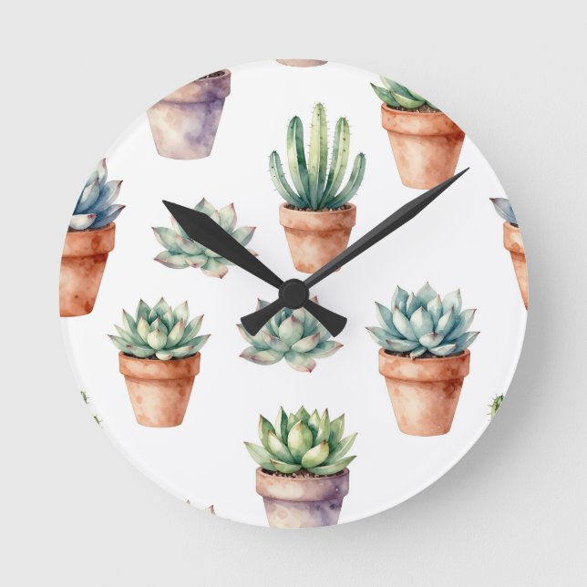 Watercolor Succulents Pattern Round Clock (Front)