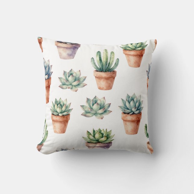 Watercolor Succulents Pattern Throw Pillow (Front)