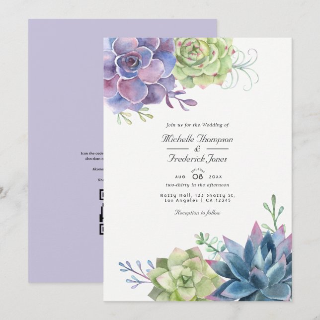 Watercolor Succulents QR Code RSVP Wedding Invitation (Front/Back)
