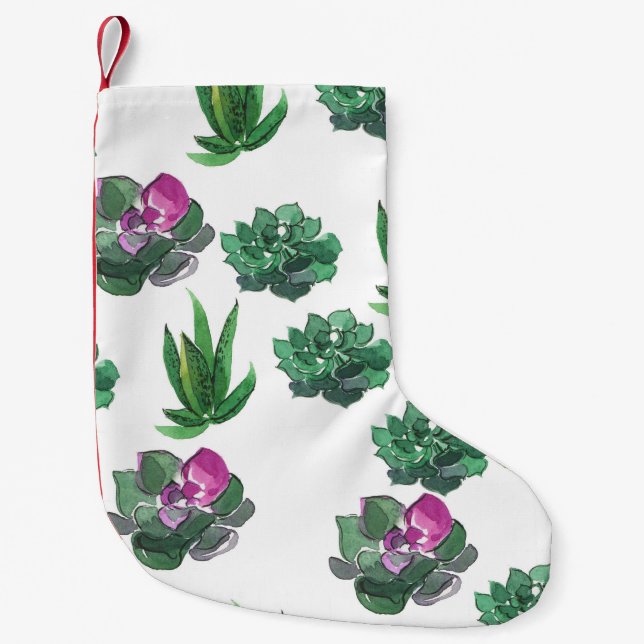 Watercolor Succulents Seamless Pattern Design Small Christmas Stocking (Front)