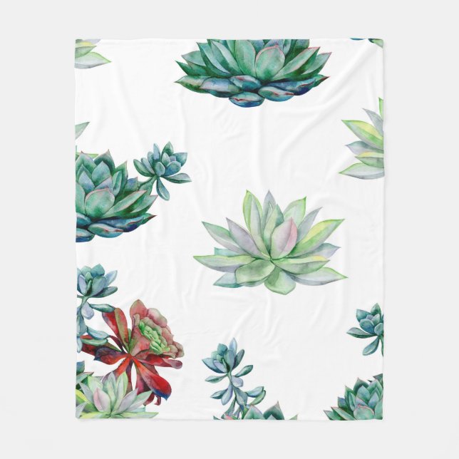 Watercolor succulents seamless pattern, echeveria  fleece blanket (Front)