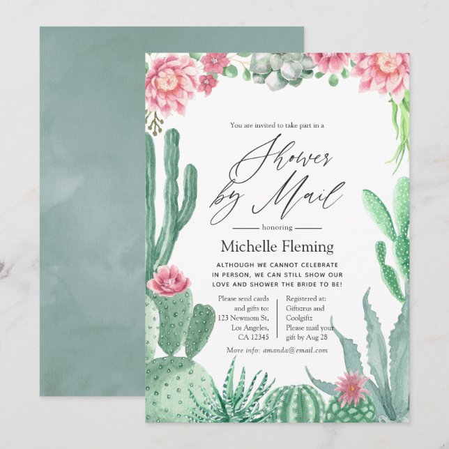 Watercolor Succulents Shower by Mail Invitation (Front/Back)
