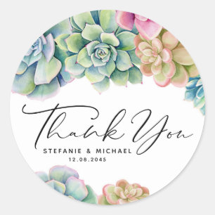 Watercolor Succulents Summer Wedding Thank You Classic Round Sticker