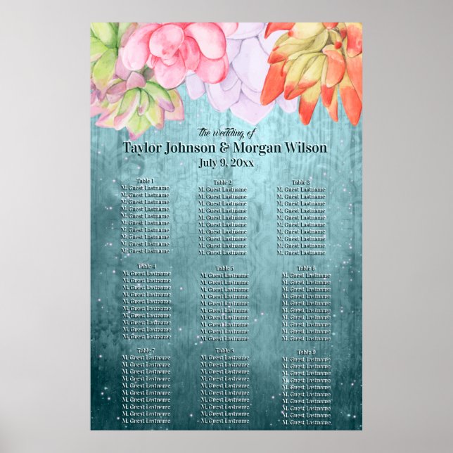 Watercolor Succulents teal Wedding Seating Poster (Front)