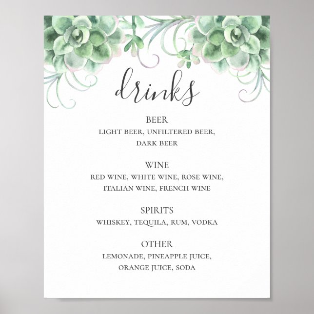 Watercolor succulents wedding alcohol drinks bar poster (Front)