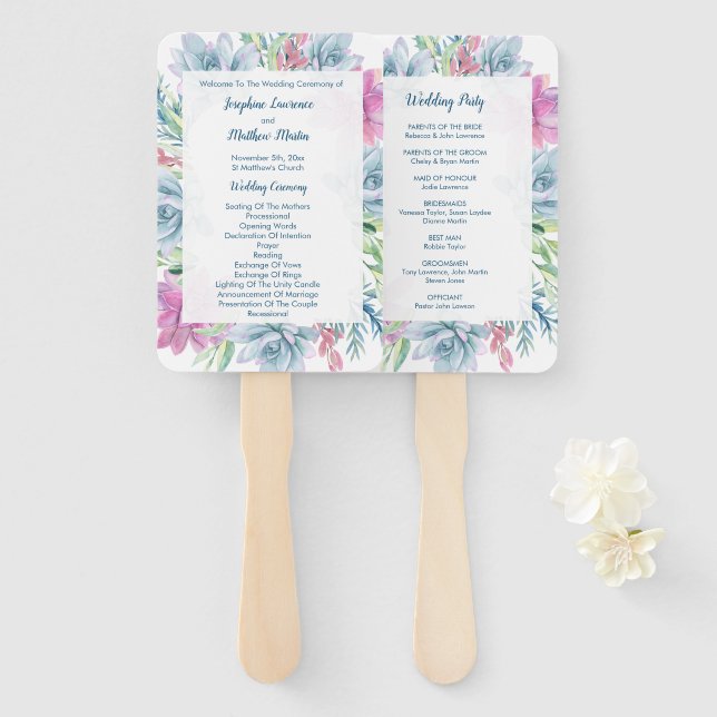 Watercolor Succulents Wedding Ceremony Programs Hand Fan (Front and Back)
