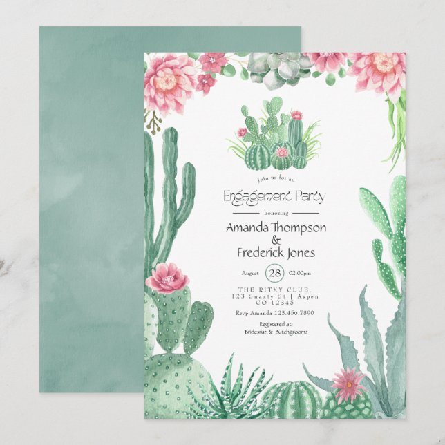 Watercolor Succulents Wedding Engagement Party Invitation (Front/Back)