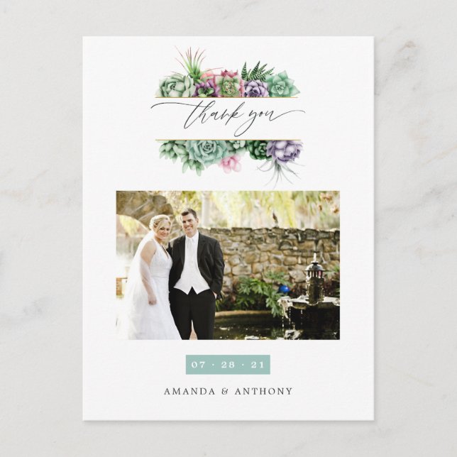 Watercolor Succulents Wedding Photo Thank You Postcard (Front)