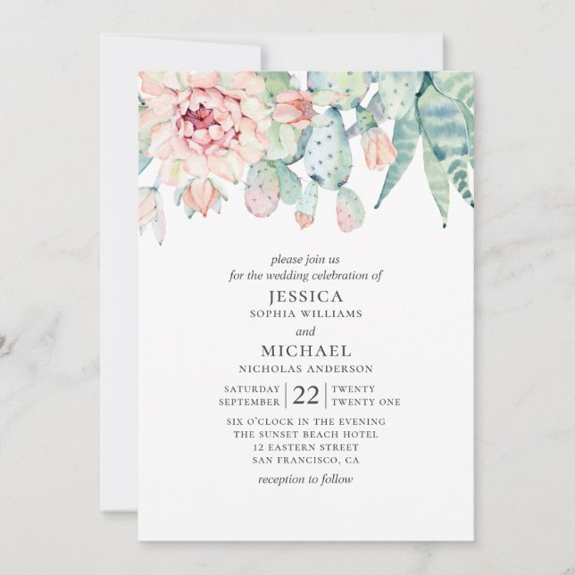 Watercolor succulents wedding. Pink floral cactus Invitation (Front)