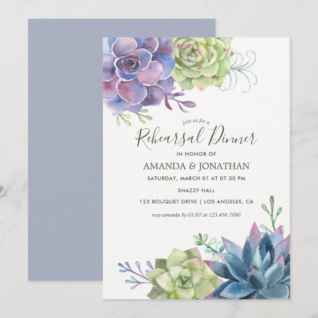 Watercolor Succulents Wedding Rehearsal Dinner Invitation (Front/Back)