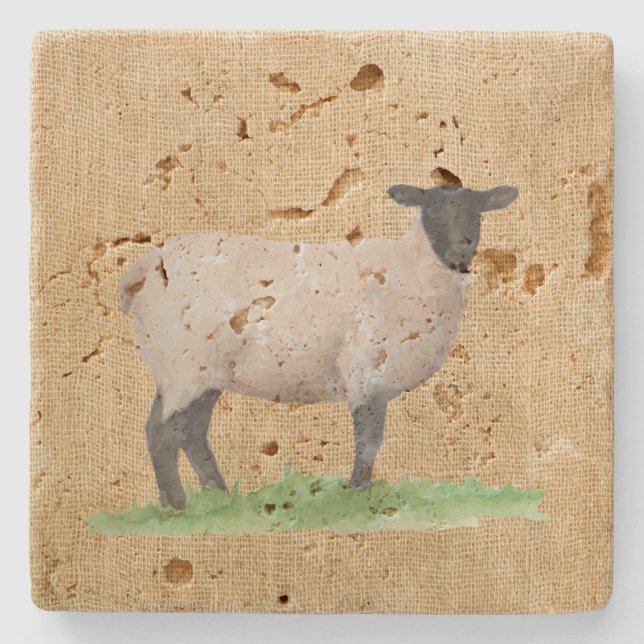 Watercolor Suffolk Sheep Stone Coaster (Front)