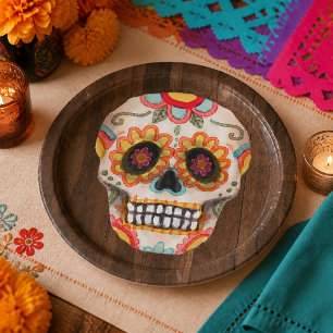 Watercolor Sugar Skull Day of the Dead Halloween Paper Plate