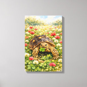 Watercolor Sulcata Tortoise with lucky clover Canvas Print