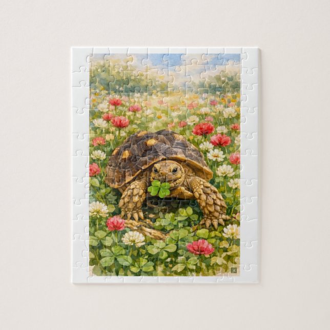 Watercolor Sulcata Tortoise with lucky clover Jigsaw Puzzle (Vertical)