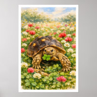 Watercolor Sulcata Tortoise with lucky clover