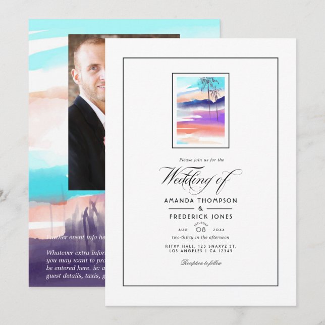Watercolor Summer Beach Mariage Invitation (Devant / Derrière)