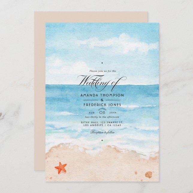 Watercolor Summer Beach Wedding Invitation (Front/Back)