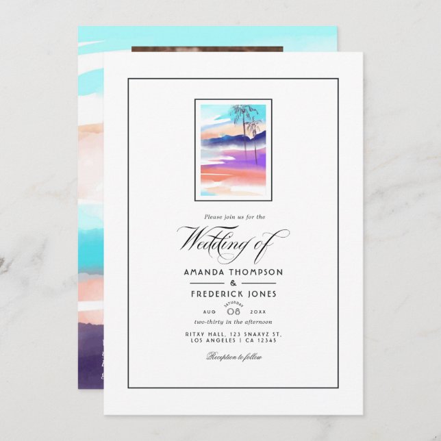 Watercolor Summer Beach Wedding Invitation (Front/Back)