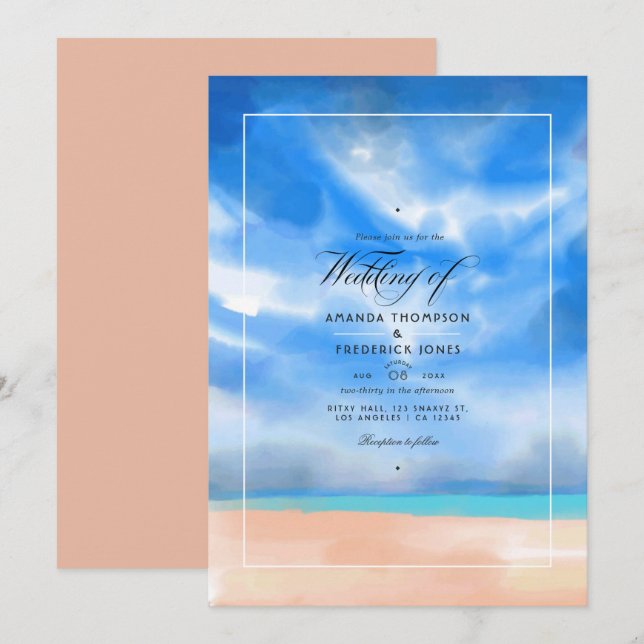 Watercolor Summer Beach Wedding Invitation (Front/Back)
