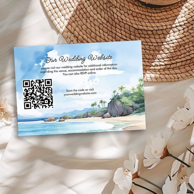 Watercolor Summer Beach Wedding Website QR Code Enclosure Card (Wedding Website + QR Code  from the Summer Beach Wedding Collection by Darling & May)