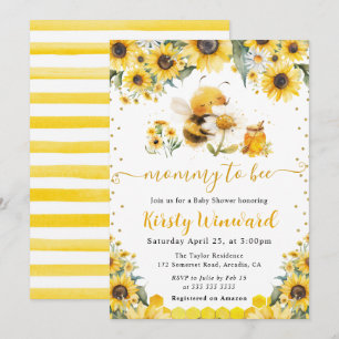 Watercolor Summer Bee and Sunflowers Baby Shower Invitation