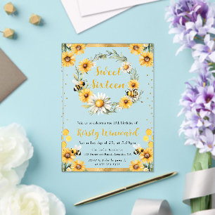 Watercolor Summer Bee and Sunflowers Sweet 16 Acrylic Invitations