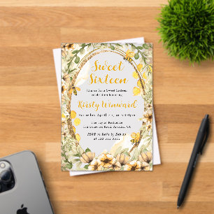 Watercolor Summer Bees and Flowers Sweet Sixteen Acrylic Invitations