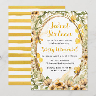 Watercolor Summer Bees and Flowers Sweet Sixteen Invitation