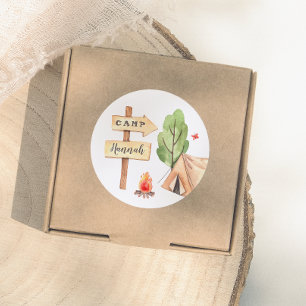 Watercolor Summer Camping Girls Birthday Party Classic Round Sticker