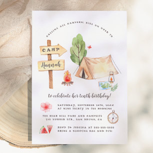 Watercolor Summer Camping Girls Birthday Party Invitation
