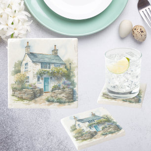 Watercolor Summer English Country Cottage  Stone Coaster